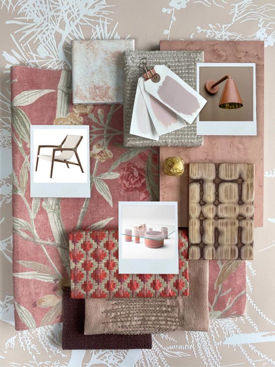 Dusky pink Fabric sample mood board for Curtain, Blind, and Re-upholstery Services